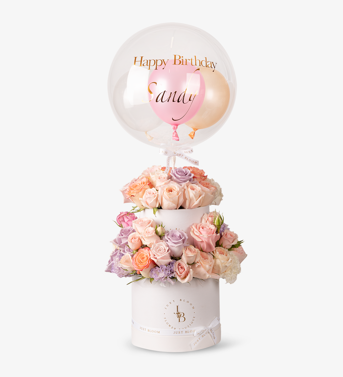 Just Bloom Enchanting Fresh Flower Box - Premium Ecuadorian Roses and Dutch Eustomas in Double Cake Layer Style