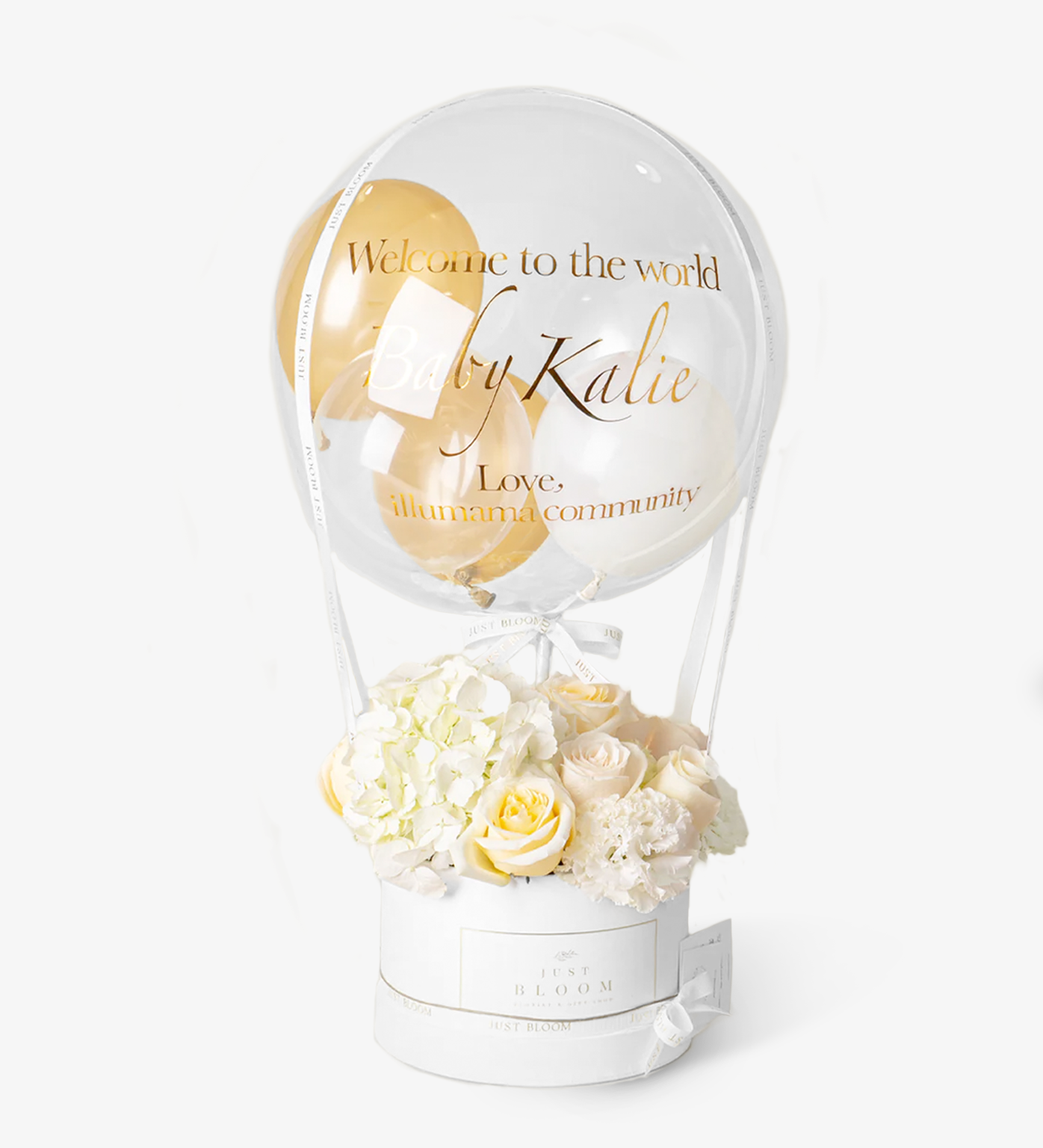 An image of an exquisite Flower Box from 【Just Bloom】 with premium Ecuadorian roses, Dutch hydrangeas, and eustomas, creating a soft ambiance in light yellow hues.