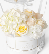An image of an exquisite Flower Box from 【Just Bloom】 with premium Ecuadorian roses, Dutch hydrangeas, and eustomas, creating a soft ambiance in light yellow hues.