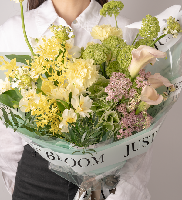 Just Bloom Exquisite Fresh Flower Bouquet - Calla Lilies, Carnations, Viburnums, Hydrangeas, Astrantias, and Freesias