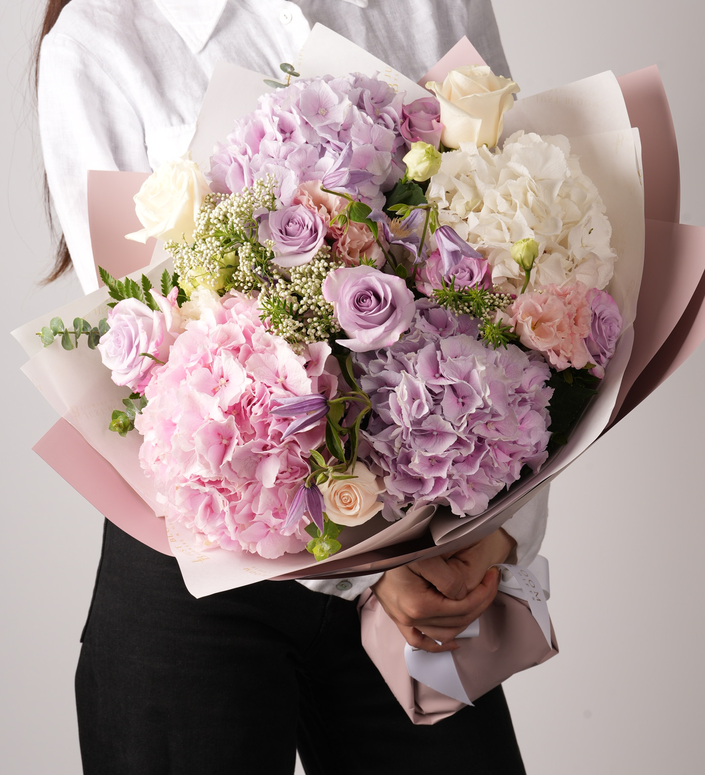 Just Bloom Exquisite Fresh Flower Bouquet - Premium Ecuadorian Roses, Dutch Hydrangeas, Dutch Eustomas, Dutch Clematis, and Dutch Rice Flowers in Pink and Purple