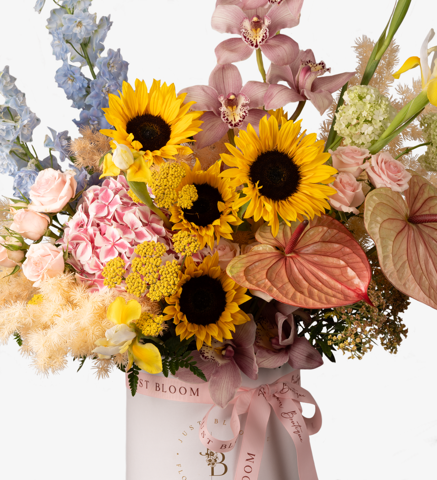 Just Bloom Exquisite Fresh Flower Box - Premium Dutch Hydrangeas, Sunflowers, Anthuriums, Delphiniums, Viburnums, and Taiwan Cymbidiums in Vibrant Blue, Pink, and Yellow