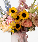 Just Bloom Exquisite Fresh Flower Box - Premium Dutch Hydrangeas, Sunflowers, Anthuriums, Delphiniums, Viburnums, and Taiwan Cymbidiums in Vibrant Blue, Pink, and Yellow
