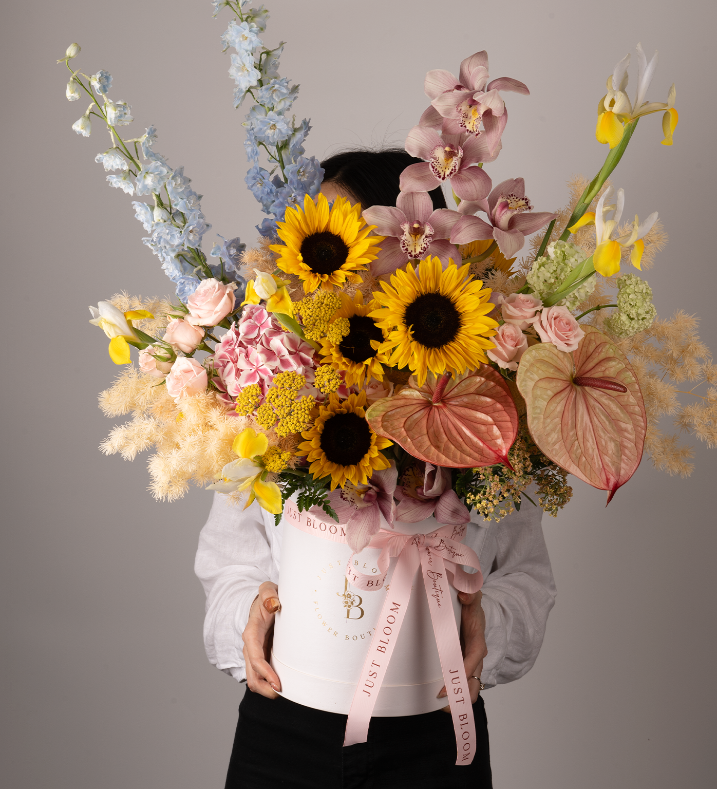 Just Bloom Exquisite Fresh Flower Box - Premium Dutch Hydrangeas, Sunflowers, Anthuriums, Delphiniums, Viburnums, and Taiwan Cymbidiums in Vibrant Blue, Pink, and Yellow