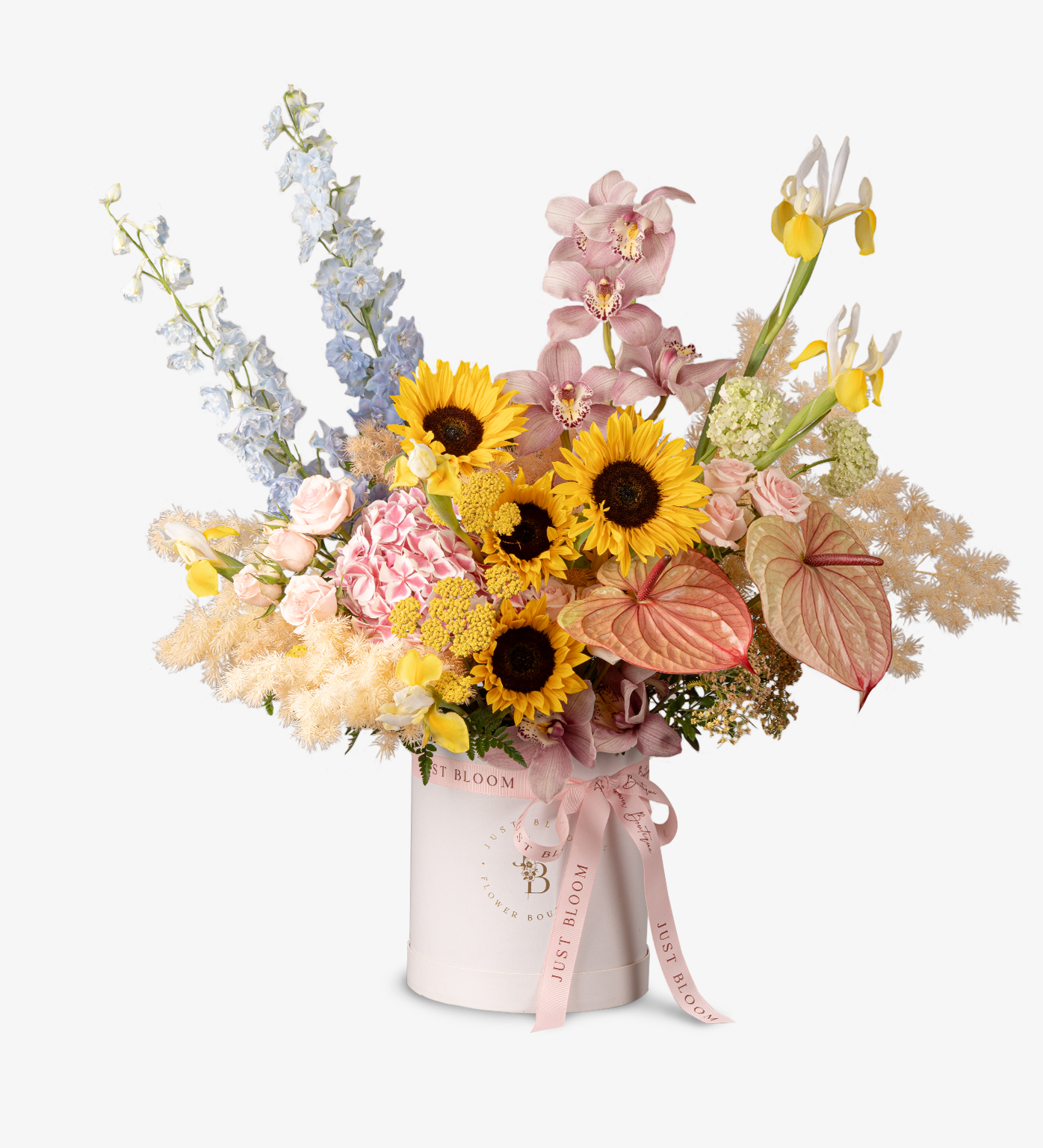 Just Bloom Exquisite Fresh Flower Box - Premium Dutch Hydrangeas, Sunflowers, Anthuriums, Delphiniums, Viburnums, and Taiwan Cymbidiums in Vibrant Blue, Pink, and Yellow