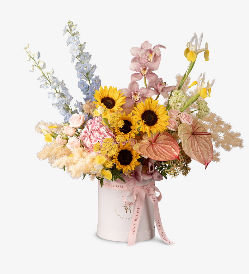 Just Bloom Exquisite Fresh Flower Box - Premium Dutch Hydrangeas, Sunflowers, Anthuriums, Delphiniums, Viburnums, and Taiwan Cymbidiums in Vibrant Blue, Pink, and Yellow