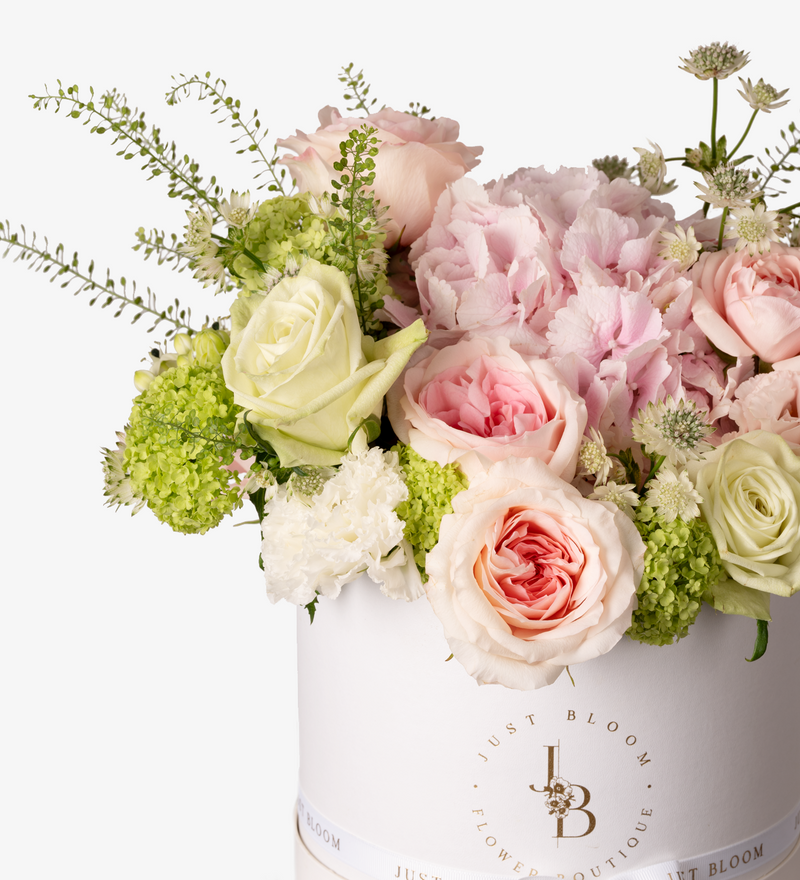 Just Bloom Exquisite Pink and Green Flower Box - Premium Ecuadorian Roses and Dutch Flowers