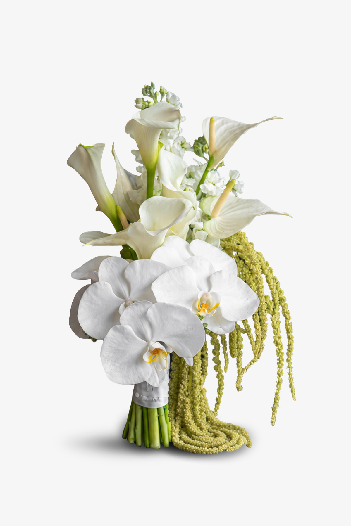 Now and Always bridal bouquet by Just Bloom Hong Kong, showing full cascading silhouette in white with trailing green amaranthus