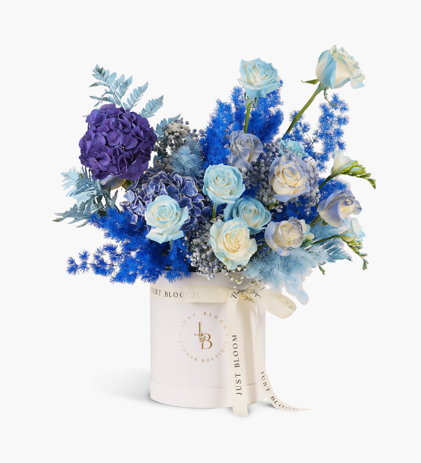 Ecuadorian roses and hydrangea in a chic and modern blue flower box by Just Bloom Hong Kong Florist