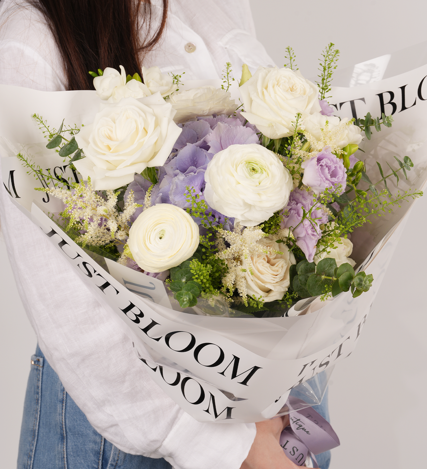 Elegant Ecuadorian Rose, Hydrangea, and Ranunculus Bouquet in Purple and White - Just Bloom Hong Kong Florist