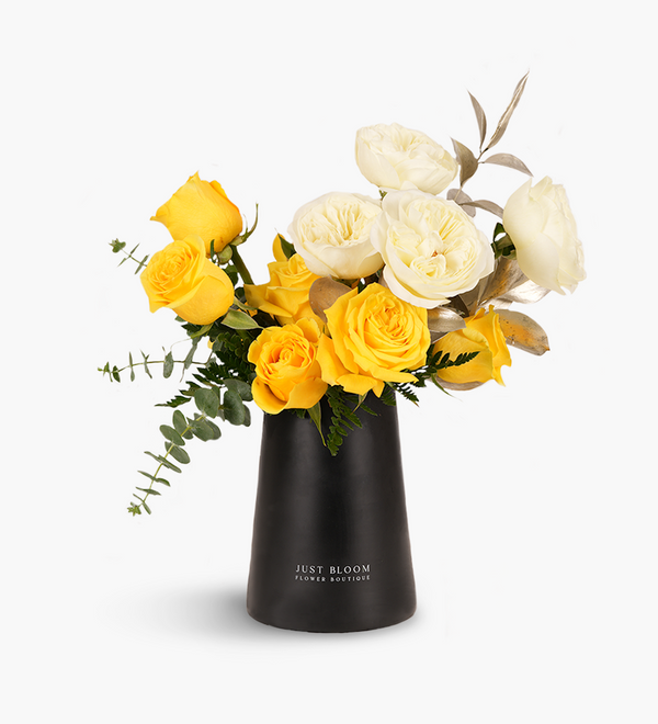 Vibrant yellow and white garden rose vase arrangements by Just Bloom, a leading Hong Kong florist