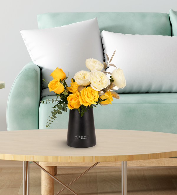 Vibrant yellow and white garden rose vase arrangements by Just Bloom, a leading Hong Kong florist