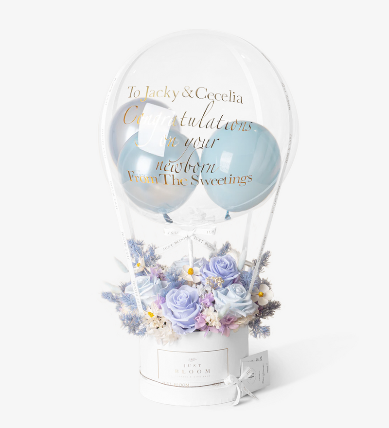 Just Bloom Preserved Flower Box - Premium Preserved Roses, Preserved Hydrangea Fragments, and Dried Flowers in Light Purple and Baby Blue