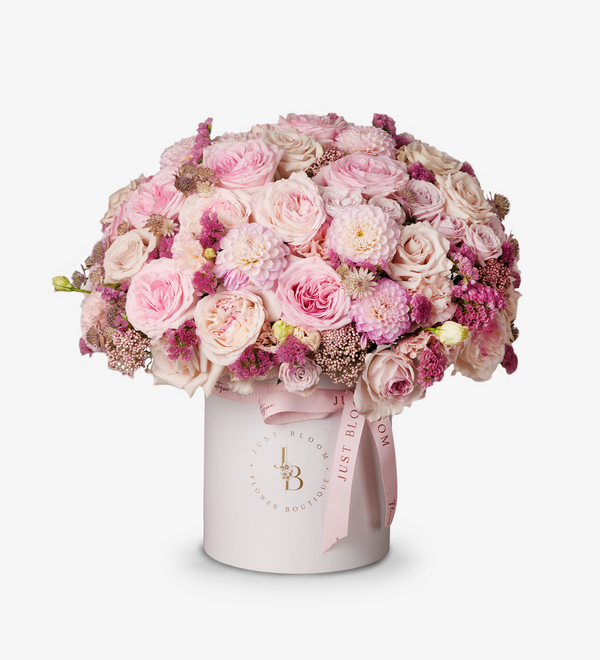 Just Bloom Stunning Flower Box - Premium Ecuadorian Roses, Garden Roses, Rice Flowers, Dahlias, Astrantias, and Eustomas in Enchanting Pink