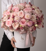 Just Bloom Stunning Flower Box - Premium Ecuadorian Roses, Garden Roses, Rice Flowers, Dahlias, Astrantias, and Eustomas in Enchanting Pink