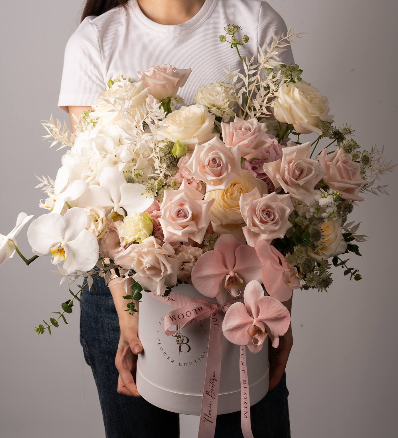 Just Bloom Stunning Fresh Flower Box - Premium Ecuadorian Roses, Dutch Eustomas, Stocks, Astrantias, and Taiwan Orchids in Elegant Light Pink