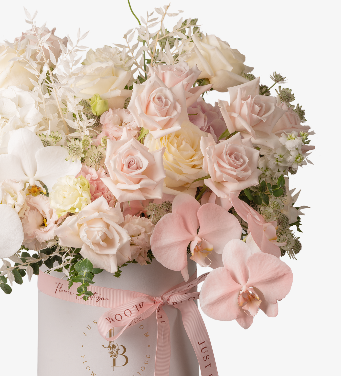 Just Bloom Stunning Fresh Flower Box - Premium Ecuadorian Roses, Dutch Eustomas, Stocks, Astrantias, and Taiwan Orchids in Elegant Light Pink