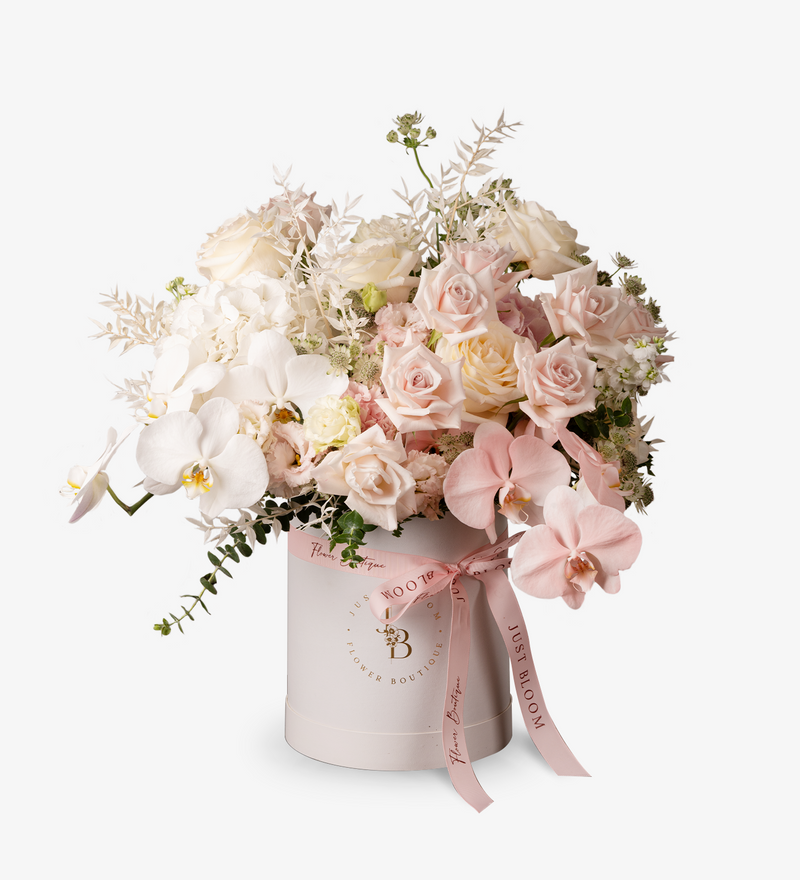 Just Bloom Stunning Fresh Flower Box - Premium Ecuadorian Roses, Dutch Eustomas, Stocks, Astrantias, and Taiwan Orchids in Elegant Light Pink