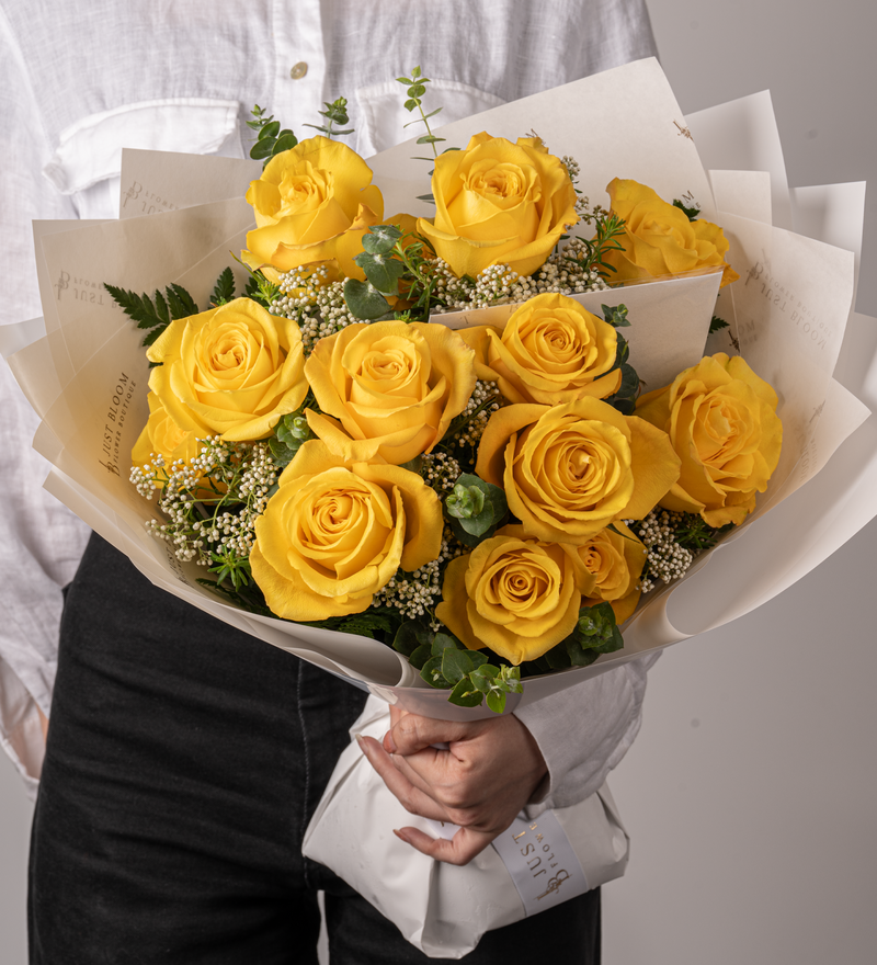 Just Bloom Stunning Yellow Bouquet - Premium Ecuadorian Roses and Dutch Rice Flowers