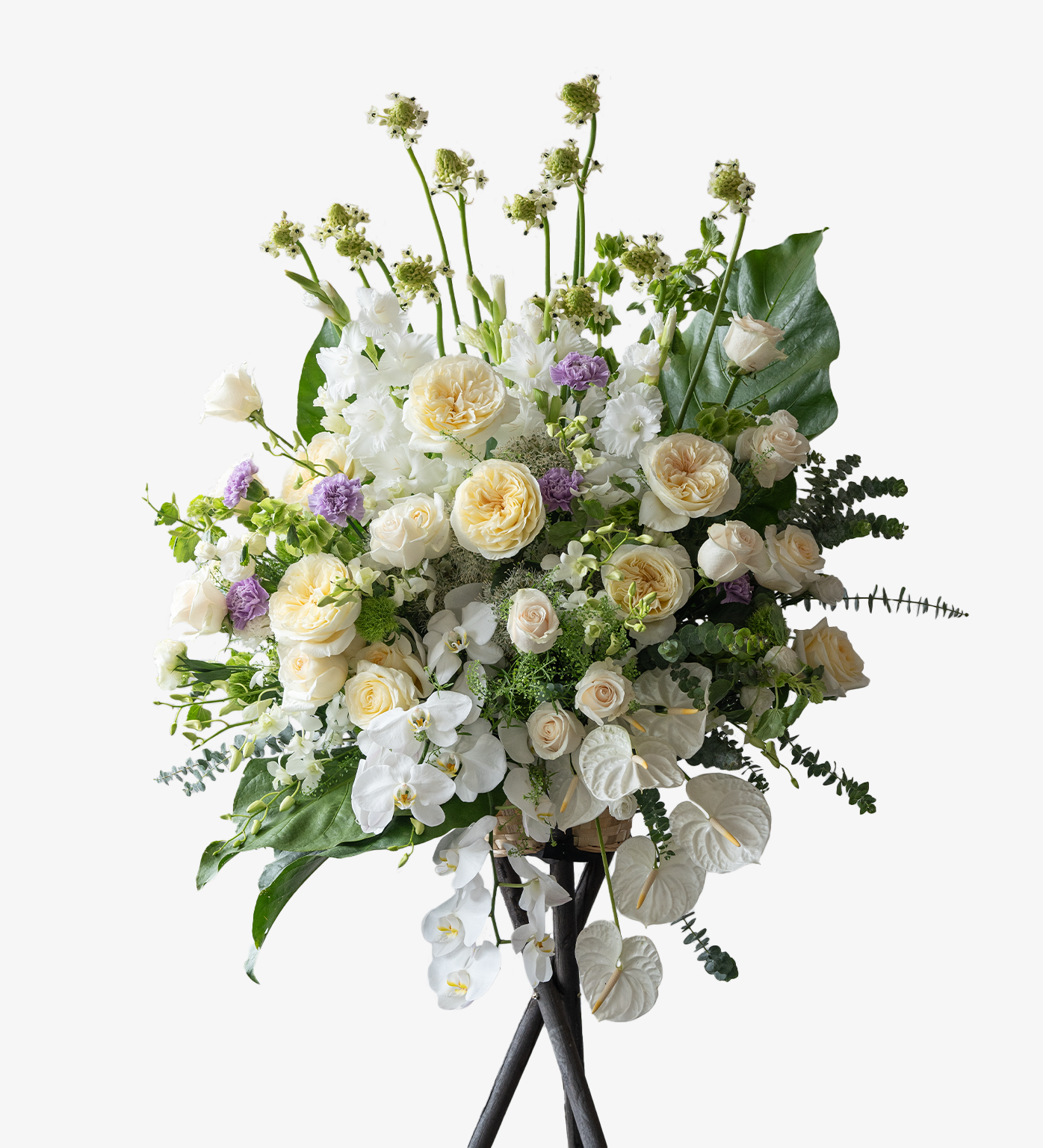 Kindness premium white funeral floral stand with roses, orchids, and Dutch greenery on tripod stand
