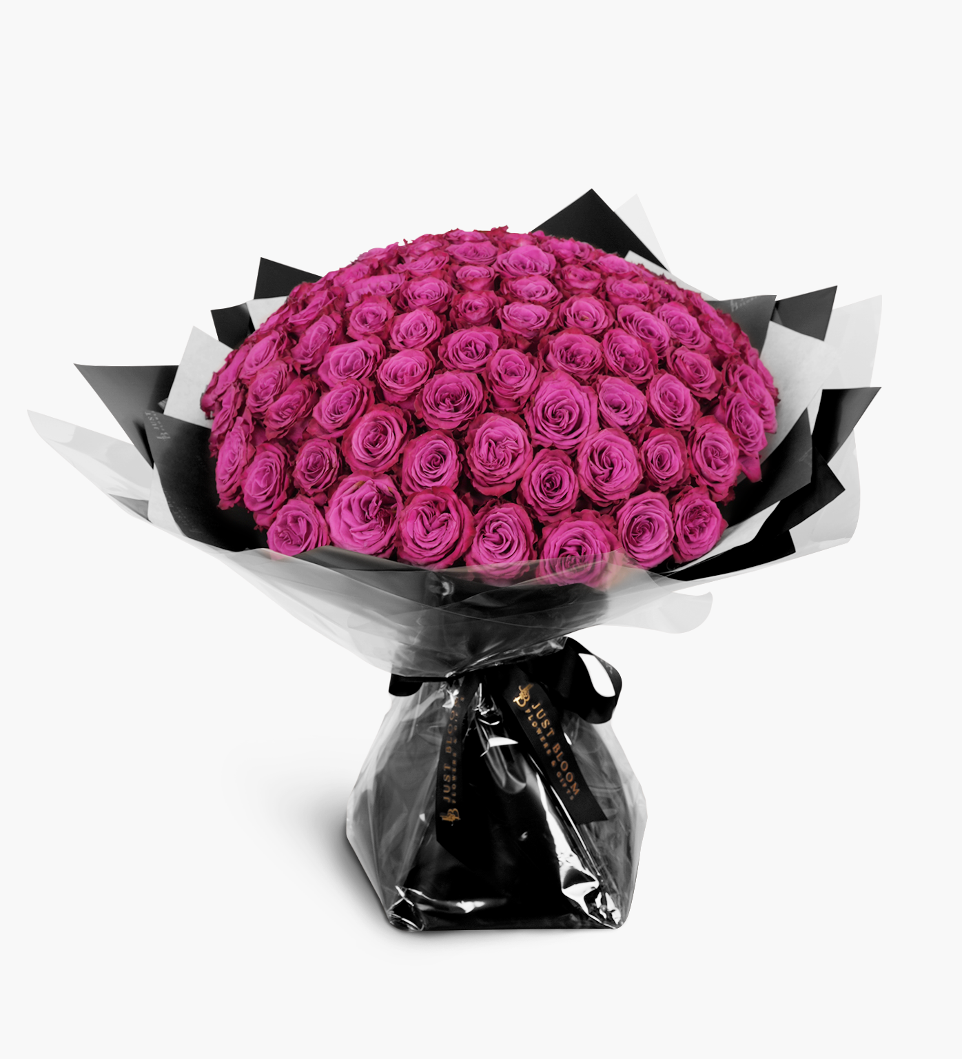 Leia luxury 99 fuchsia rose bouquet in black and white wrapping displayed on stand