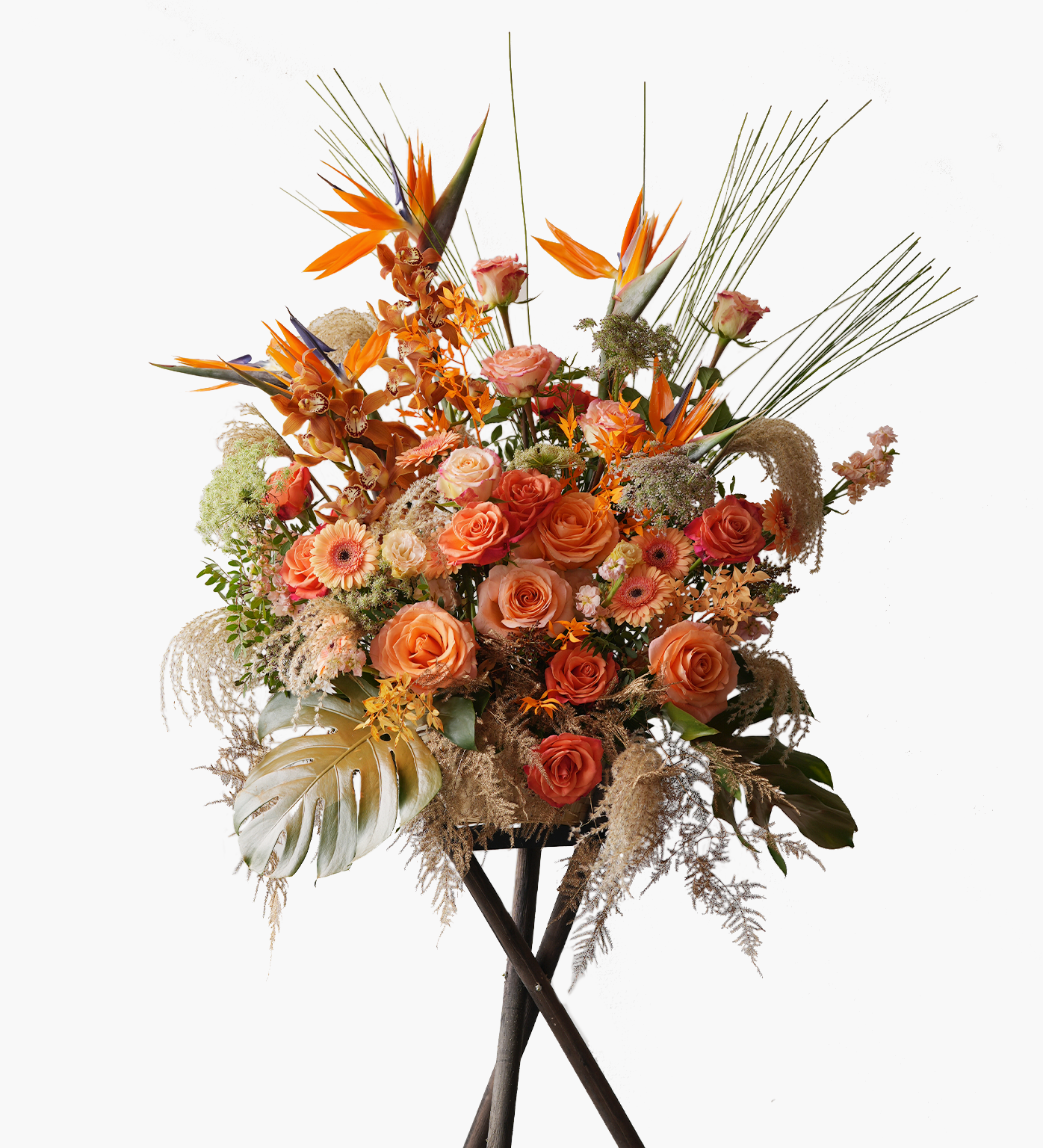 Lucille tropical orange bird of paradise flower stand with roses and gerberas on wooden tripod