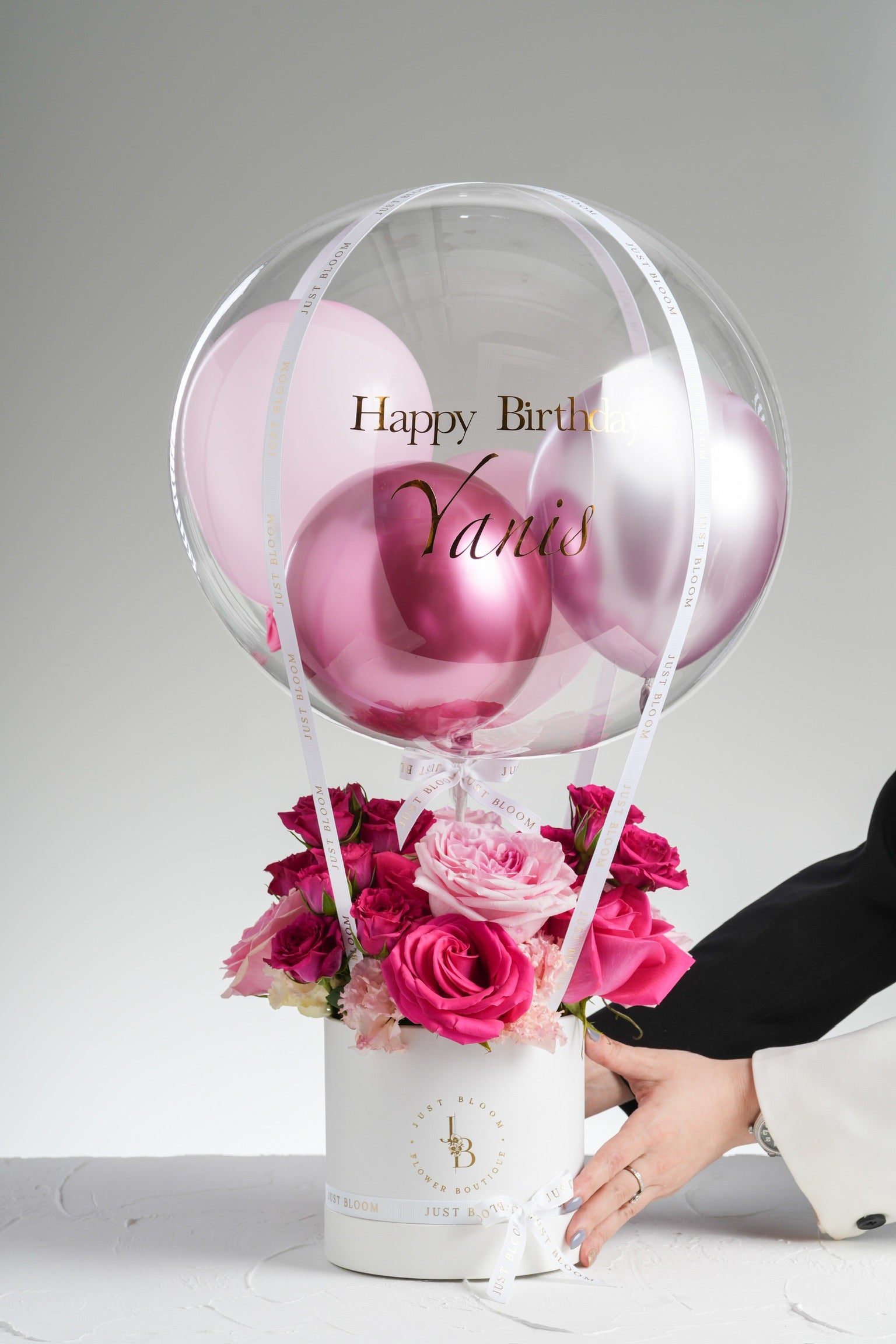 Melany pink and blush rose hatbox flower gift with carnations and spray roses