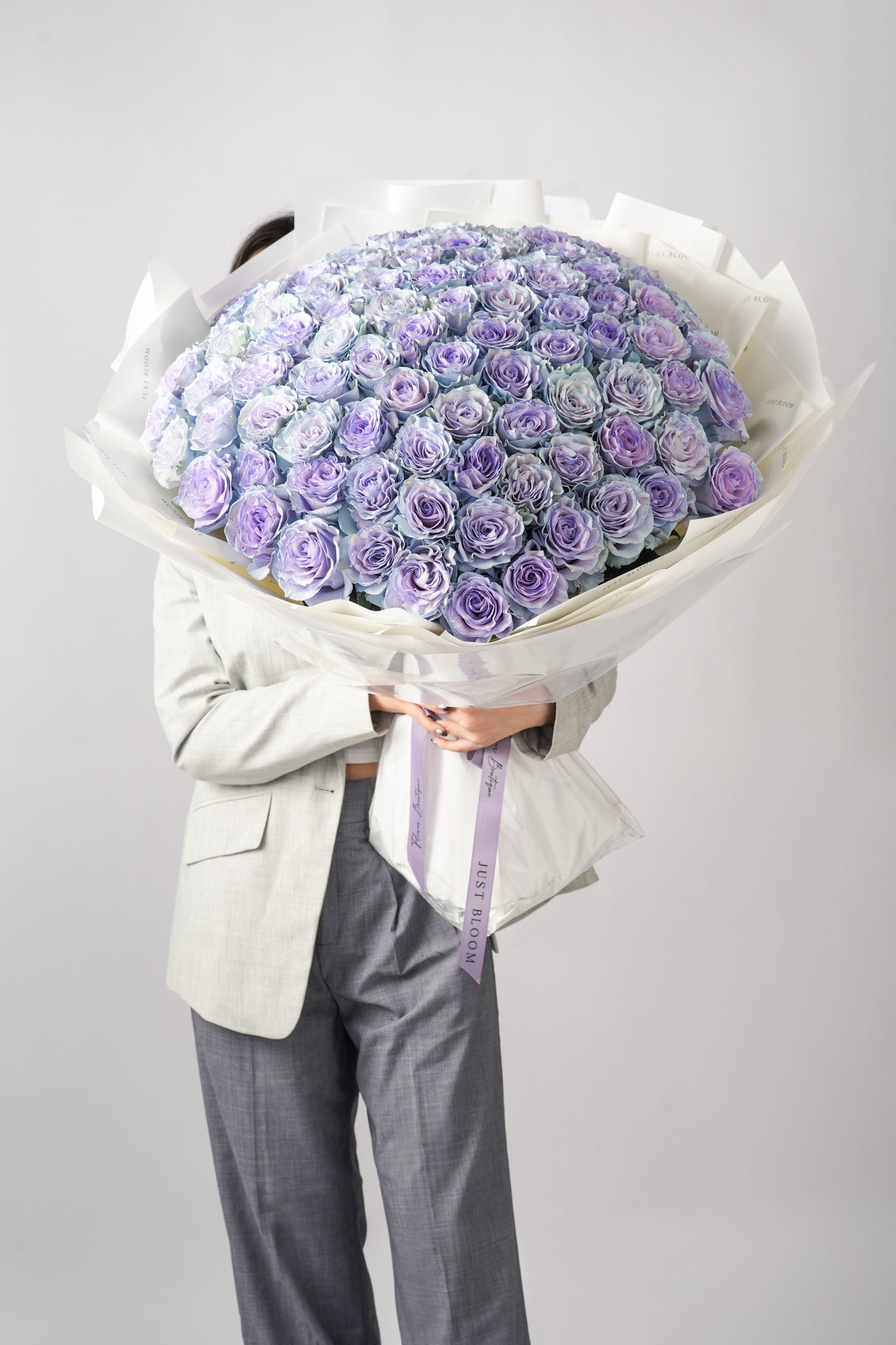 Meteor Shower purple and blue Ecuadorian roses 99 stems dome bouquet