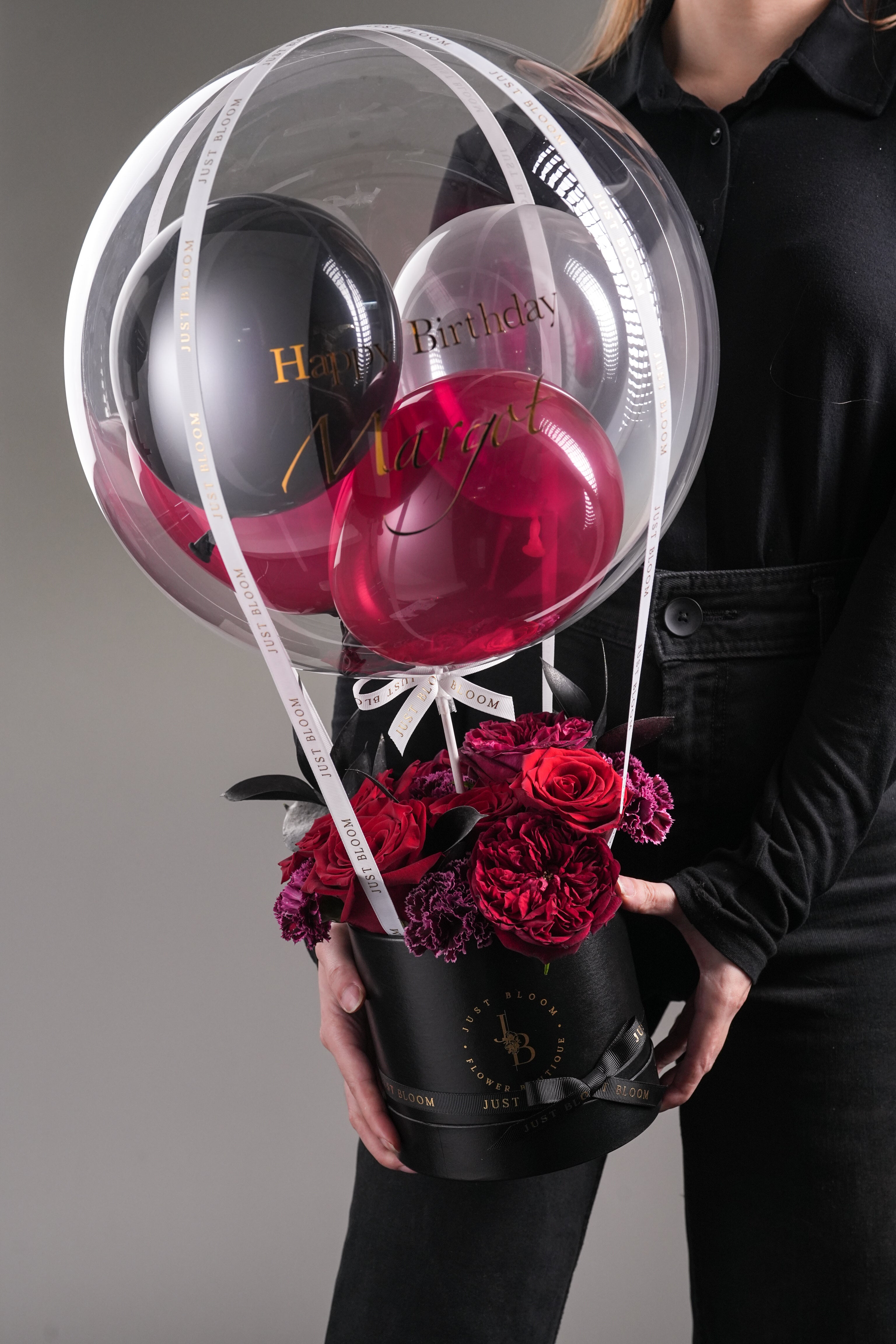 Micky red and black floral hatbox arrangement with crystal balloon