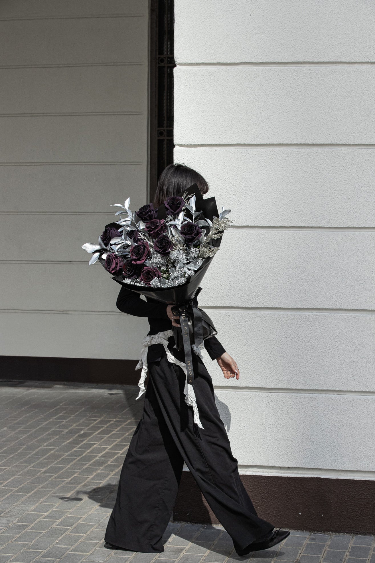 Midnight Passion fresh flower bouquet with deep burgundy black roses and silver foliage for Valentine's Day