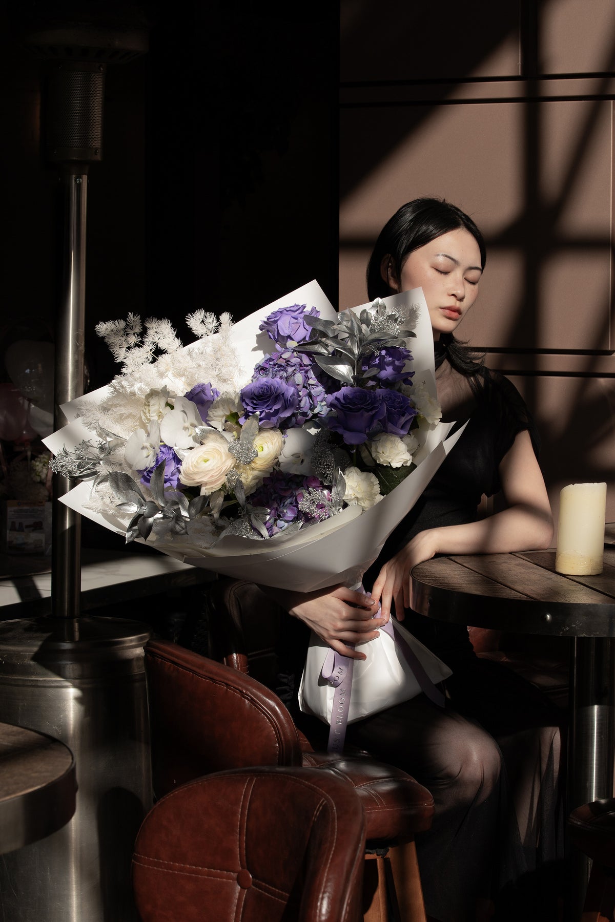 Moonlit Love fresh flower bouquet with purple roses white blooms and silver foliage for Valentine's Day