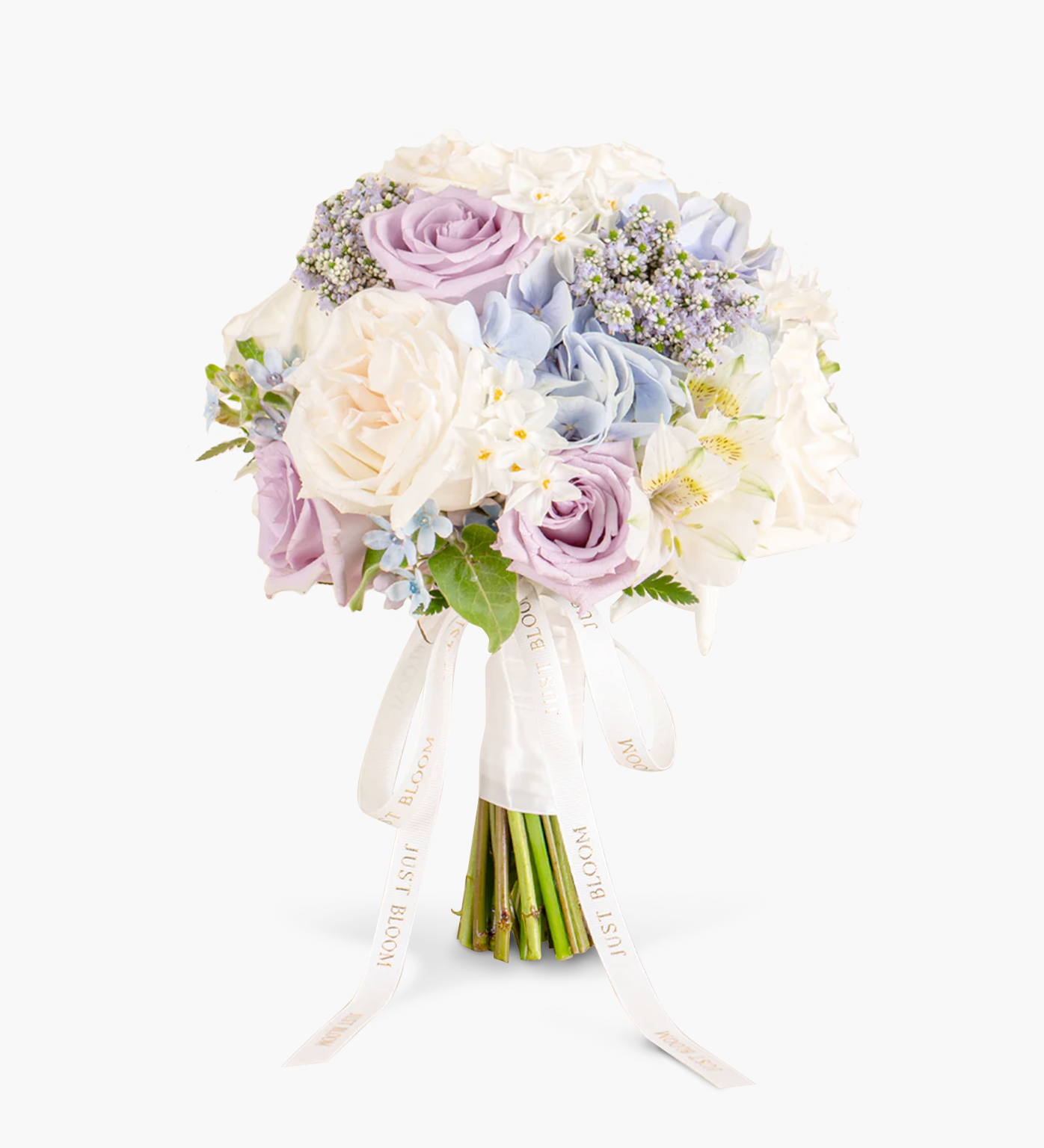 Morgan bouquet with pastel purple roses, blue hydrangeas, white alstroemerias and fillers