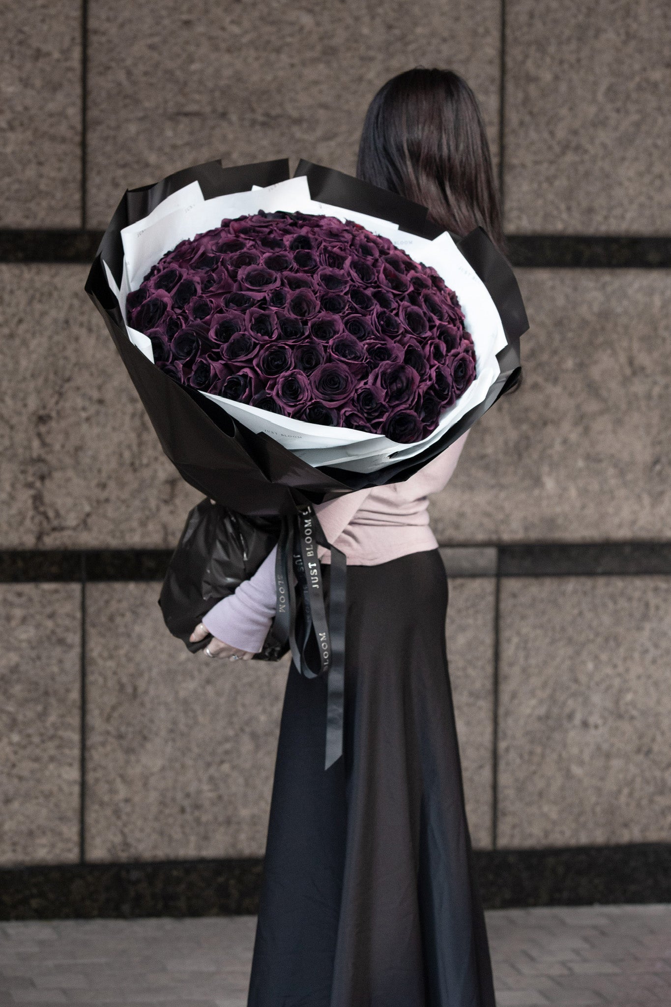 Noir Velvet luxury dark rose bouquet wrapped in black and ivory tones