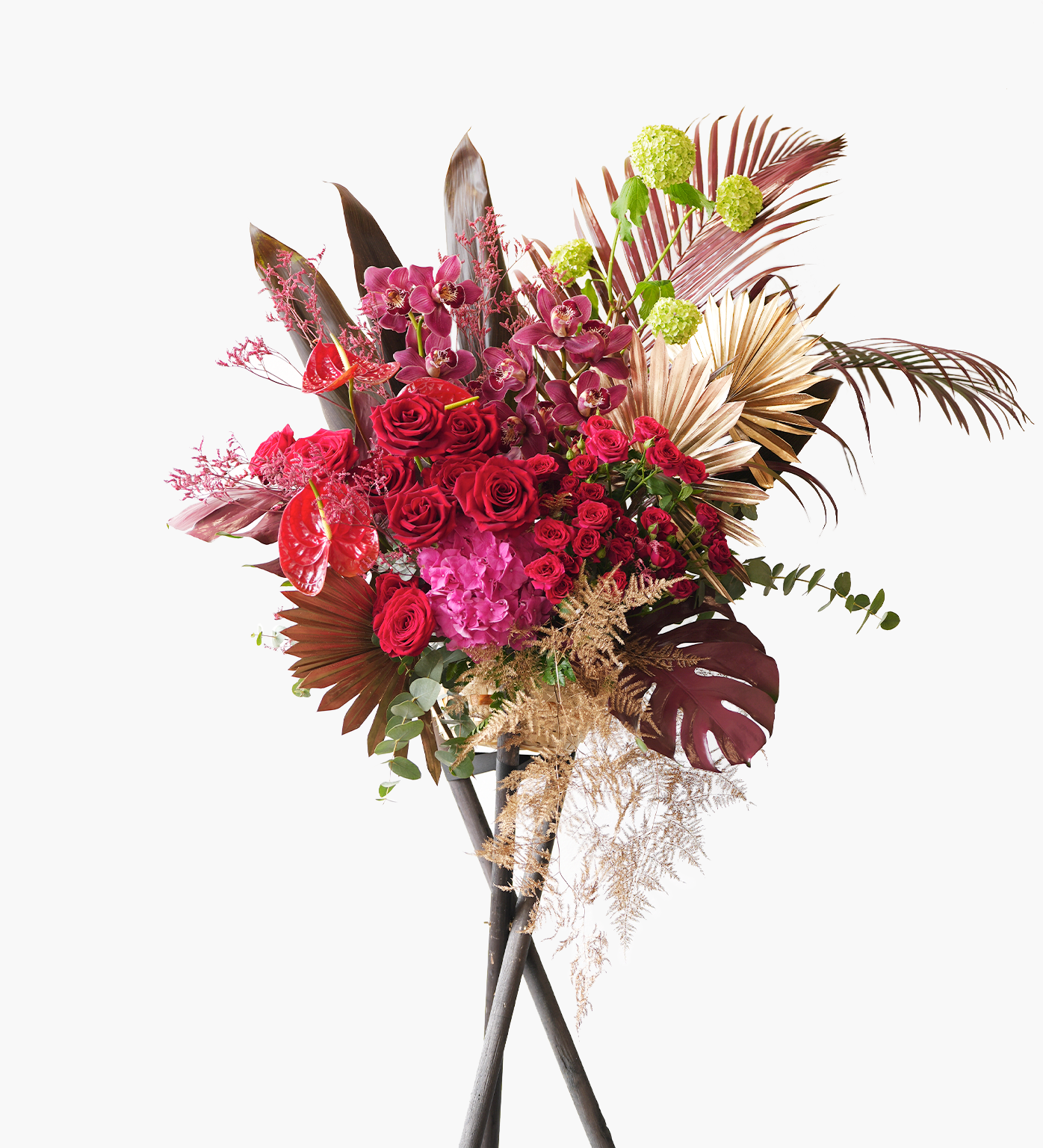Oakley floral stand with red roses, cymbidium orchids, pink hydrangeas, golden palms