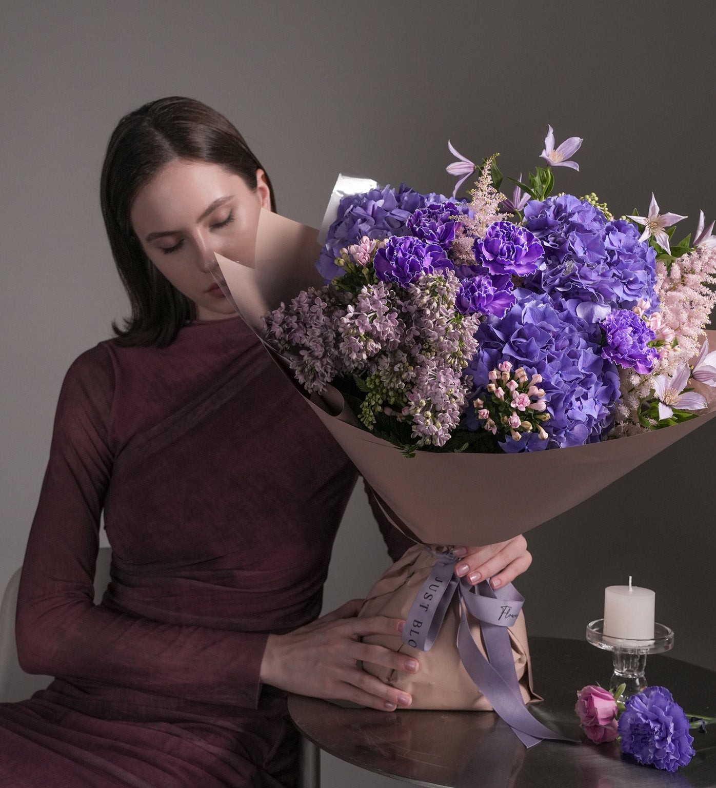 Ode to Love bouquet with lavender hydrangeas, clematis and white astilbes