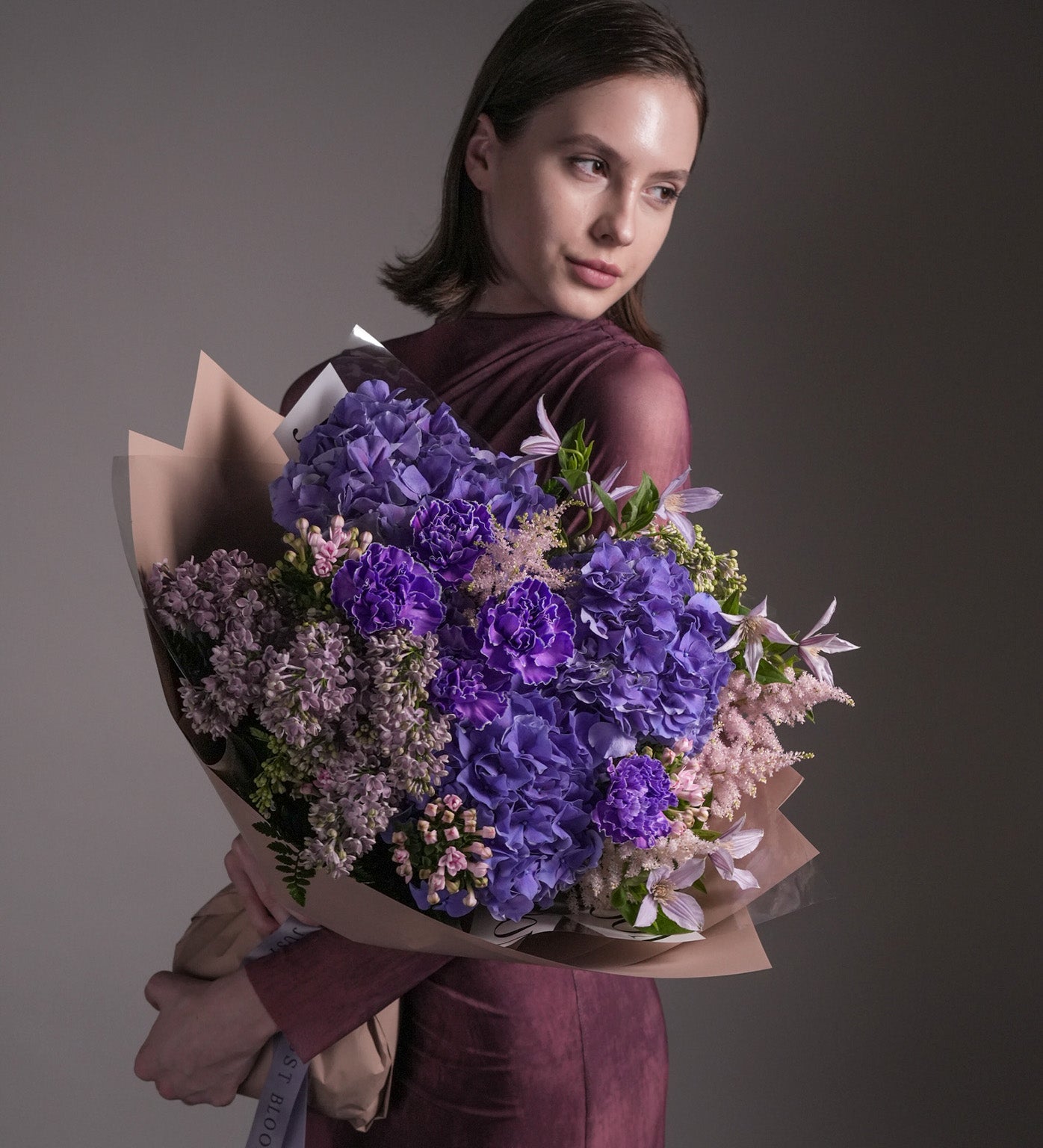 Ode to Love Mother’s Day bouquet featuring Dutch hydrangeas, clematis, and seasonal flowers