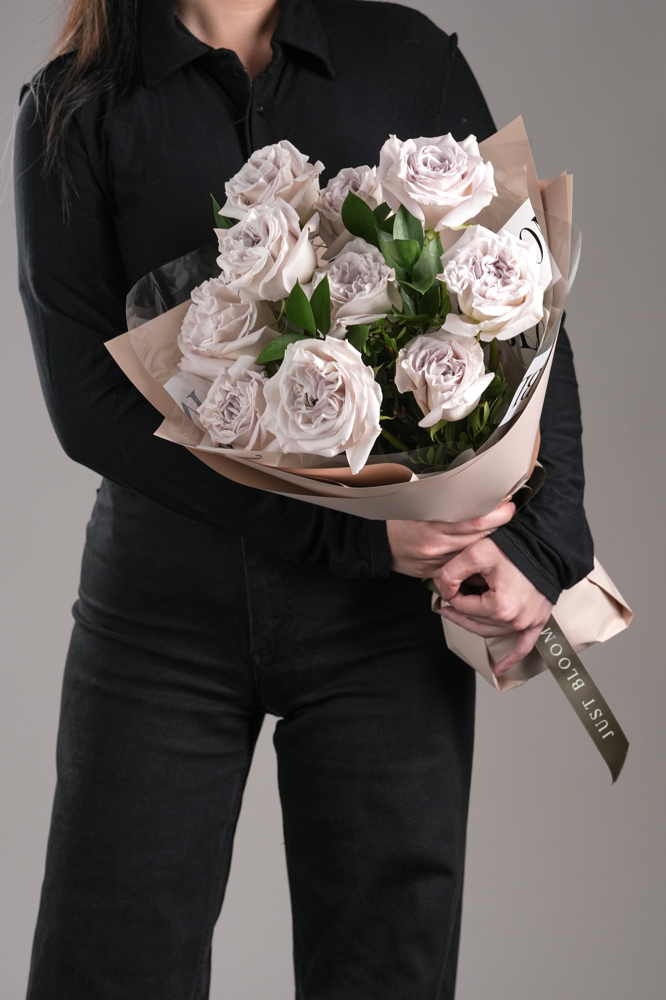 Close-up of Ophelia bouquet with grey Ecuadorian garden roses and greenery | Just Bloom HK