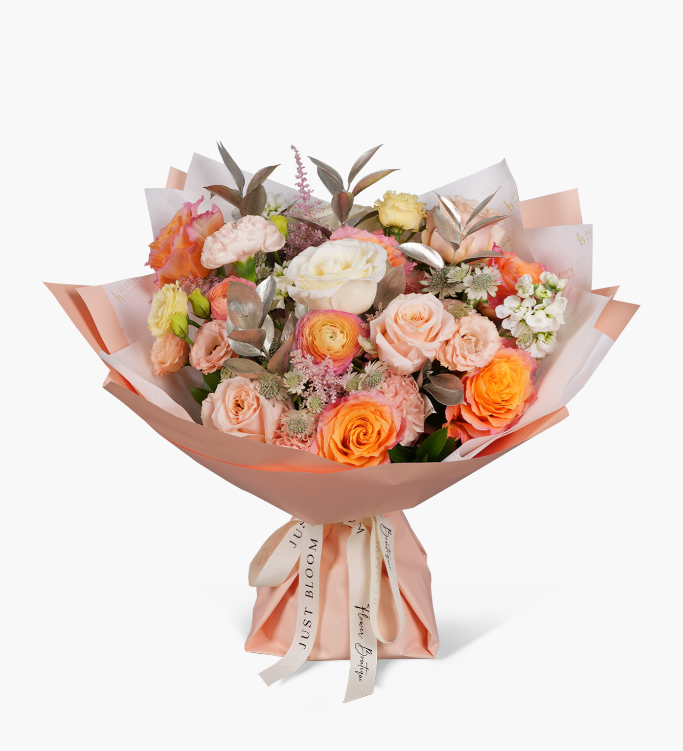 Palmer bouquet with peach roses, white ranunculus, silver leaves and pastel carnations