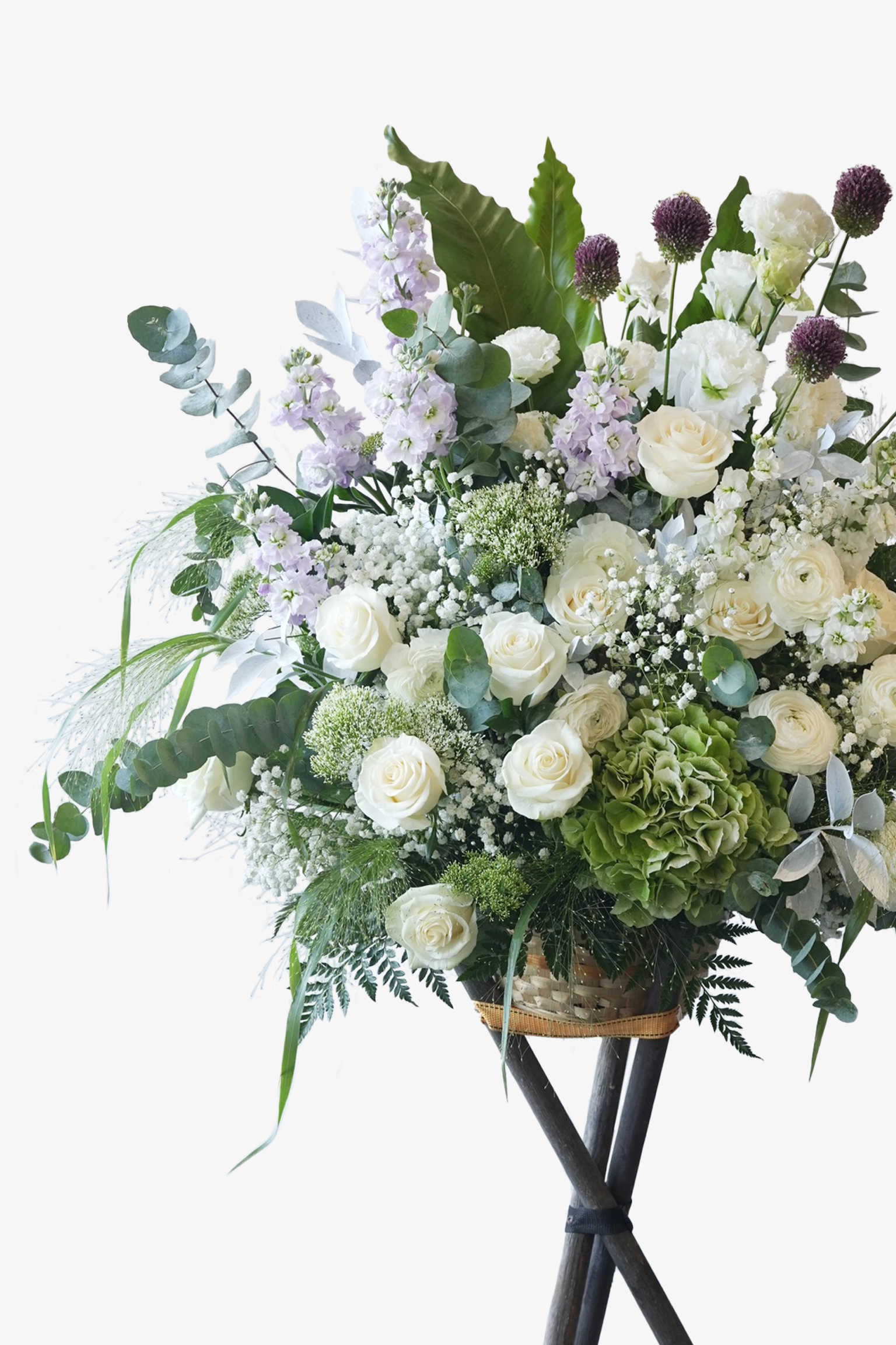Peaceful Journey floral arrangement side view with premium roses, eustomas, and Dutch greenery