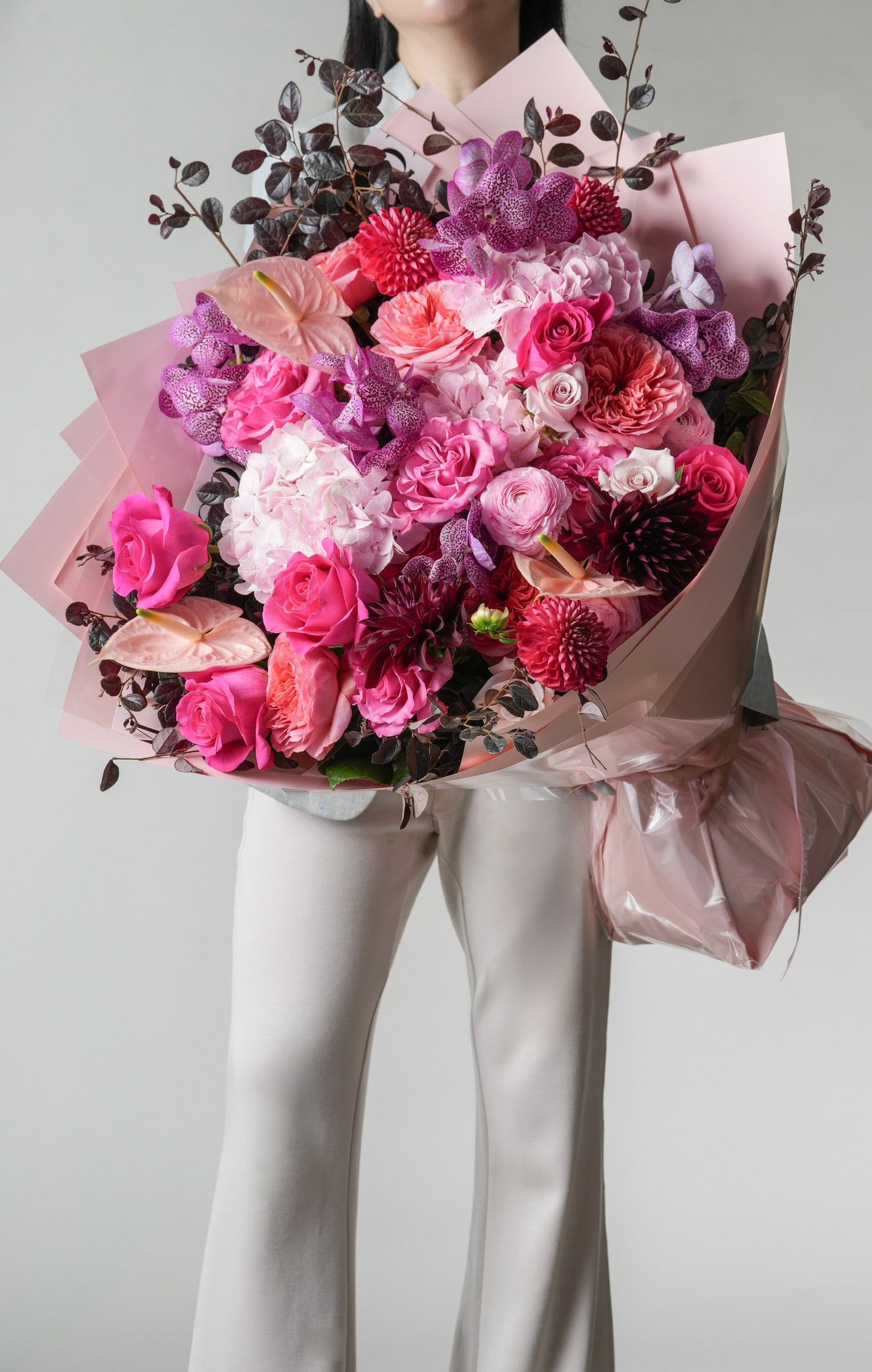 Radiant Poise pink and purple floral bouquet with Vanda orchids, roses, and hydrangeas – Just Bloom Hong Kong.