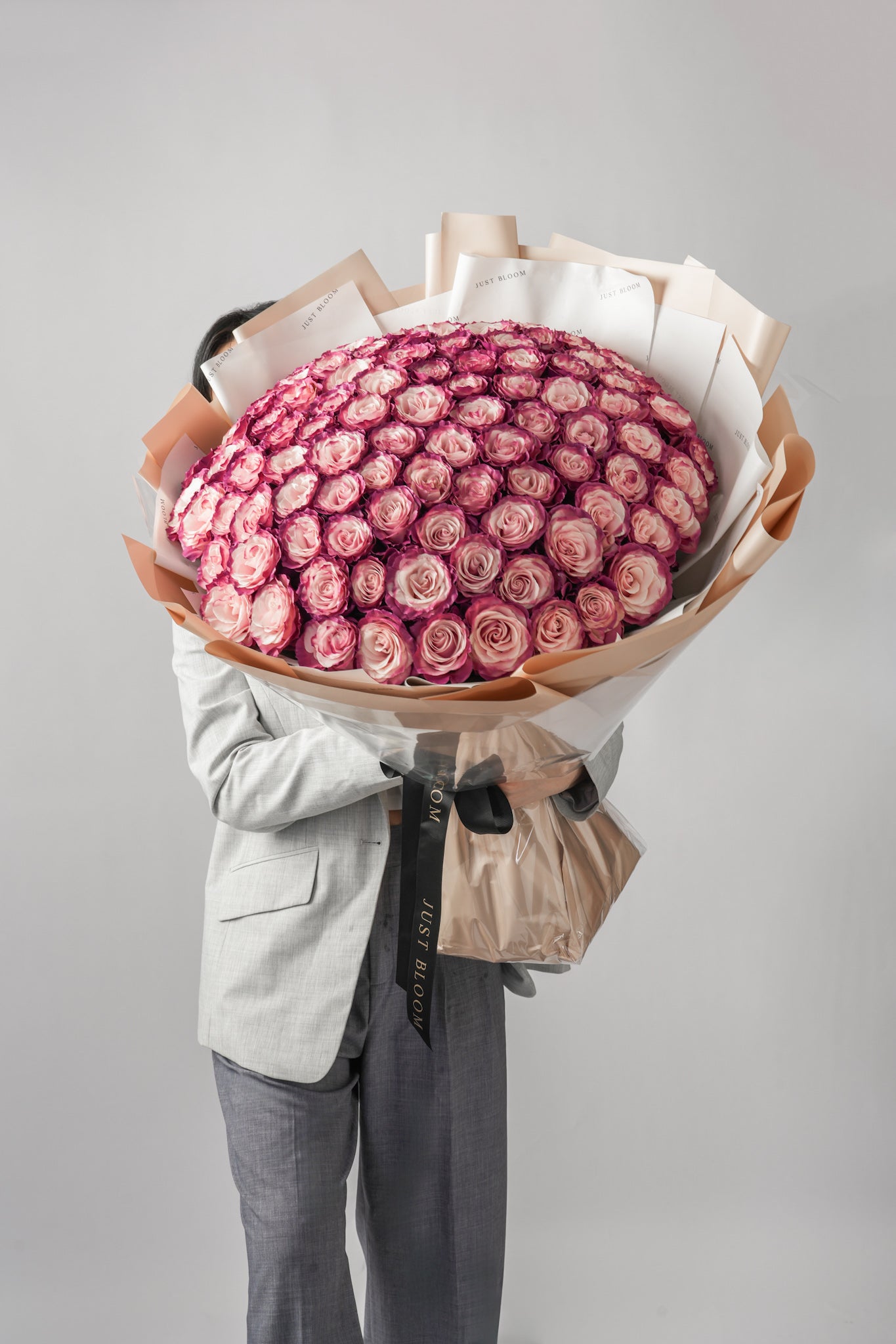 Red Bean bouquet with premium Ecuadorian roses in blush pink and rose red