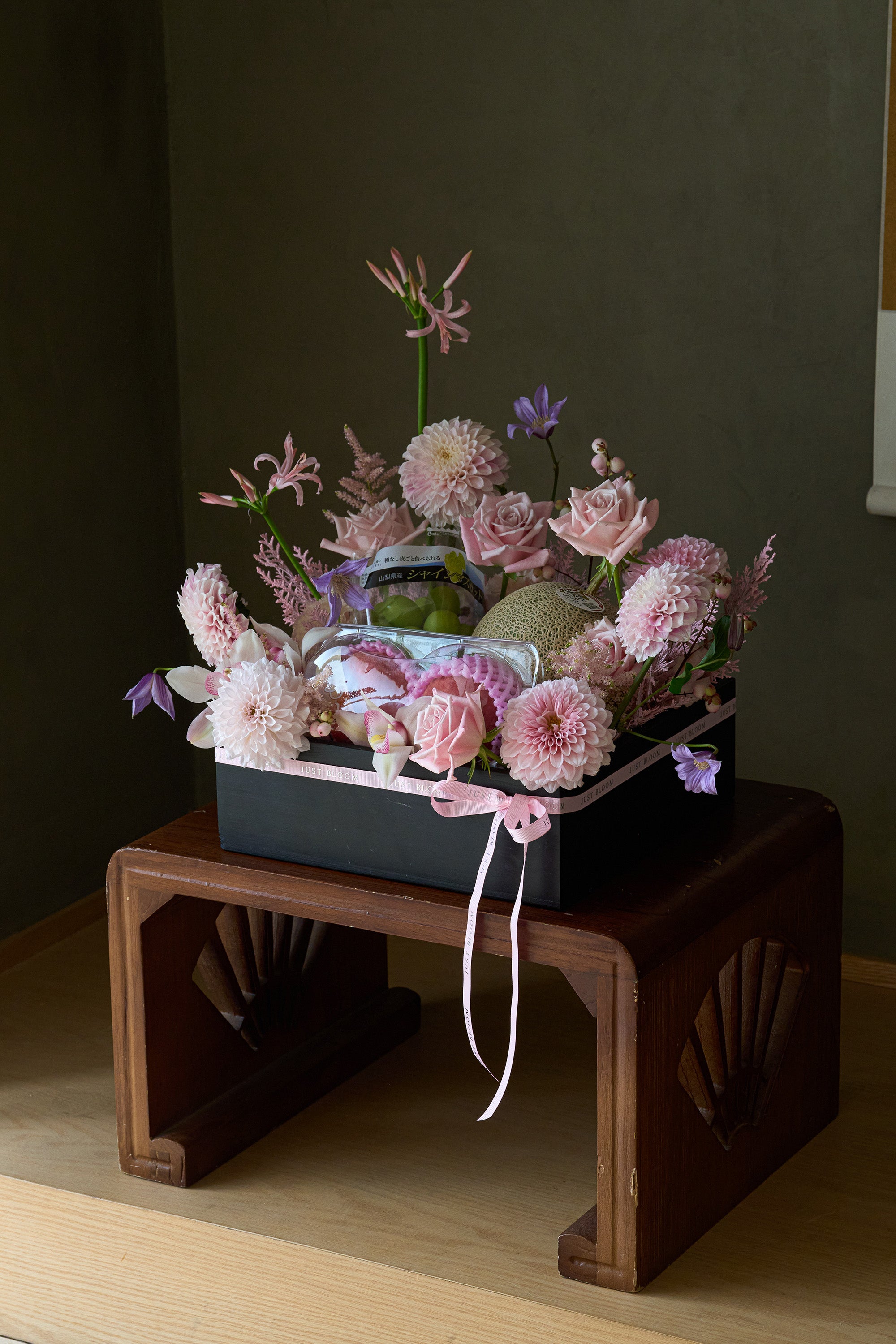 Full view of Just Bloom Rosé Harvest flower box displayed on a wooden side table — Just Bloom Hong Kong