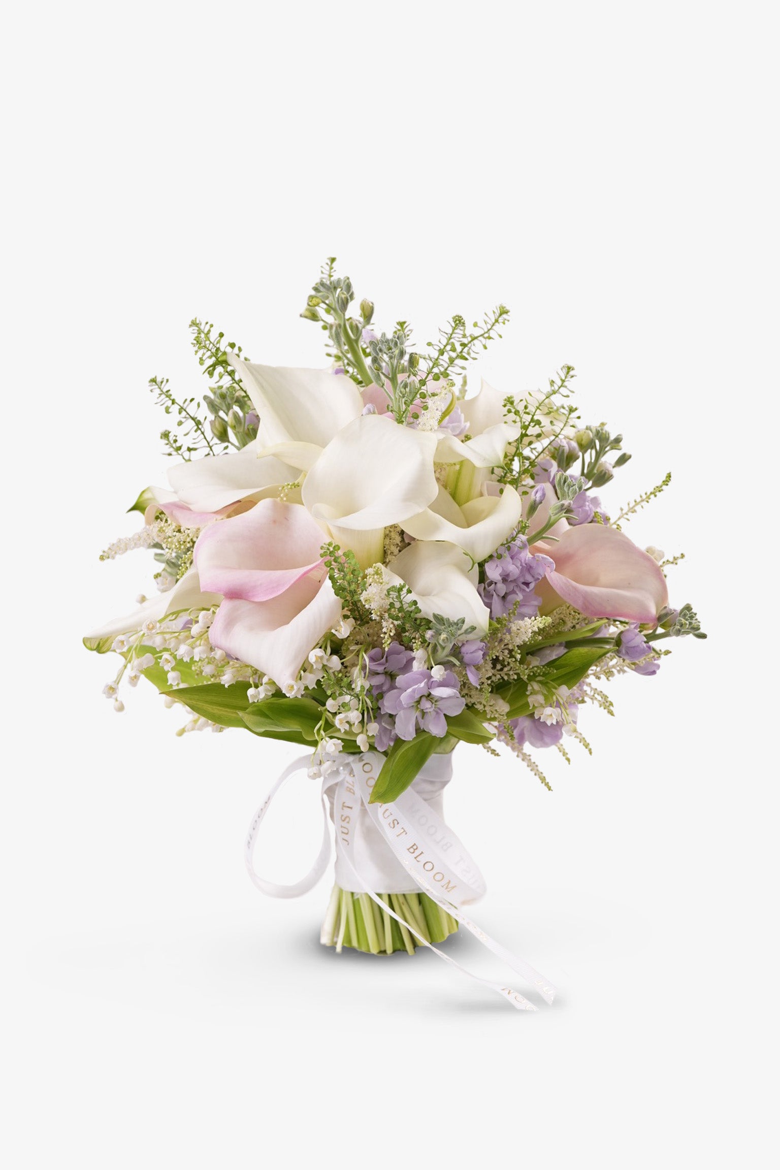 Sasha bridal bouquet with calla lilies, lily of the valley, and pastel Dutch flowers