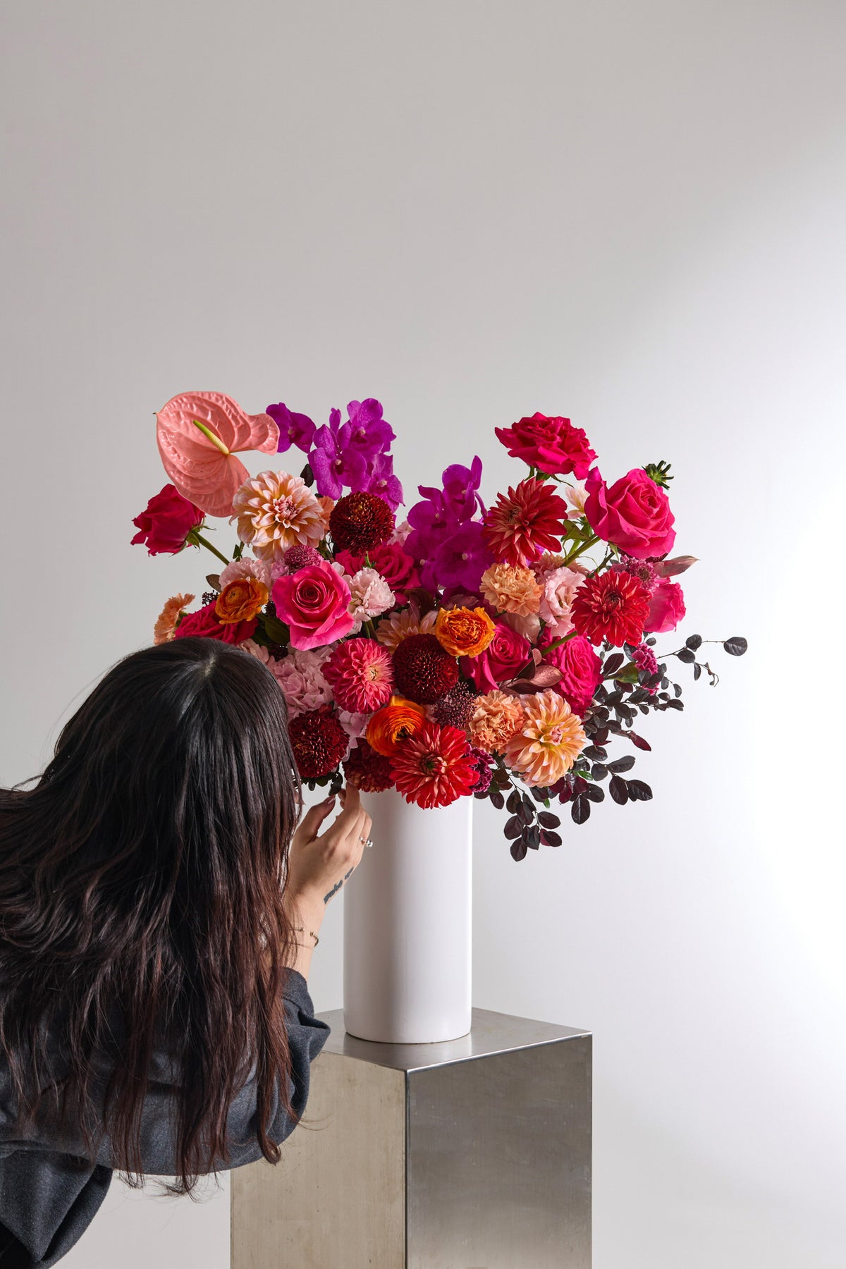 Scarlet Assembly Statement Vase Arrangement in Peach, Orange, Pink, and Hot Pink with Dahlias, Roses, Vanda Orchids, Hydrangeas, and Anthuriums by Just Bloom Hong Kong