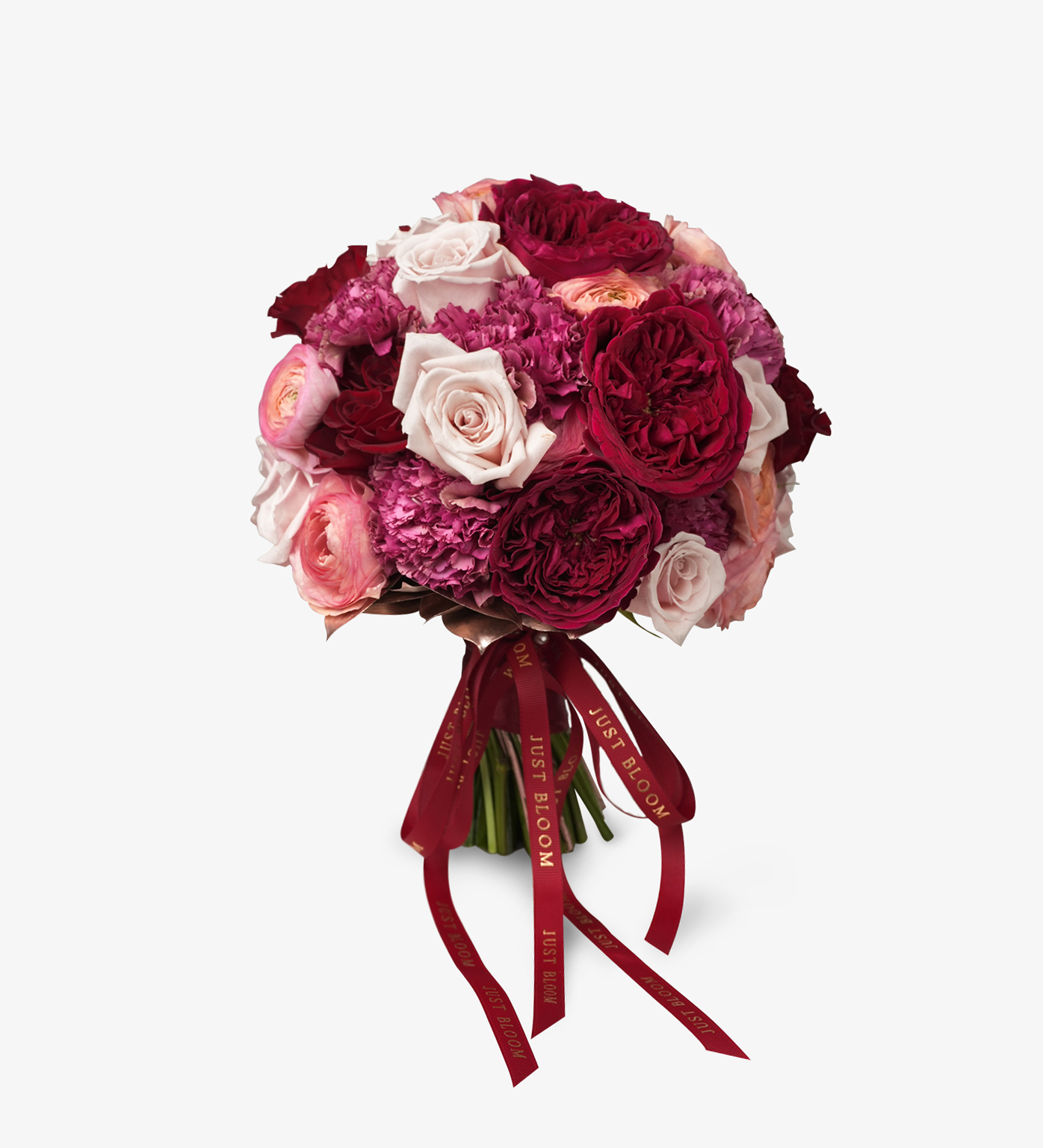 Shelby bridal bouquet with dark red David Austin “Tess” roses, pink roses, ranunculus, carnations, and greenery