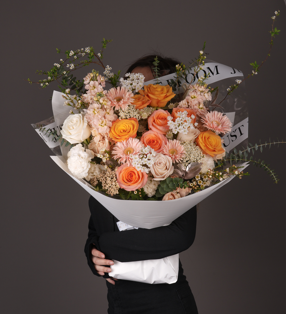 Sierra Bouquet – Peach, Coral & Orange Roses with Dutch Flowers | Just ...