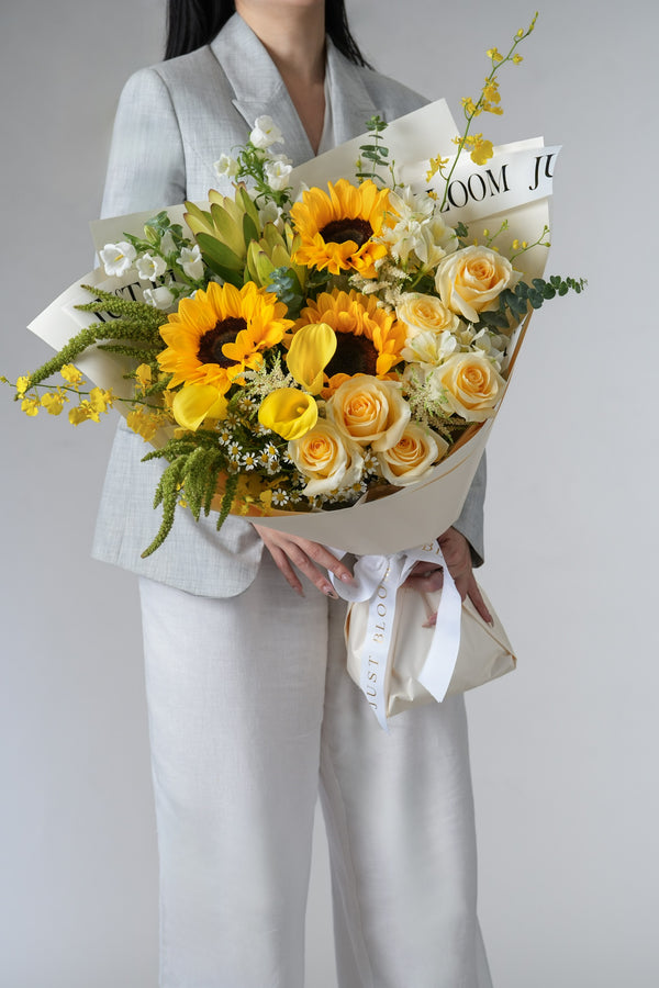 Sunlit Harmony – Sunflower, Rose, and Calla Lily Bouquet | Just Bloom ...