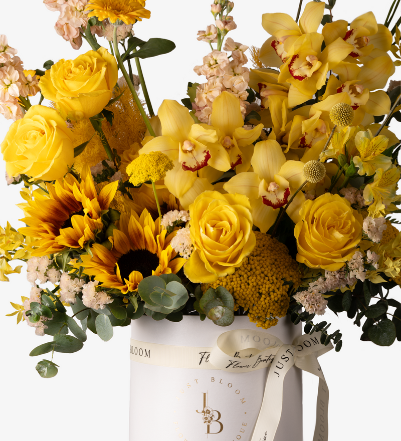 Sunshine Serenade Flower Box - Ecuadorian Roses, Sunflowers & Dutch Eucalyptus