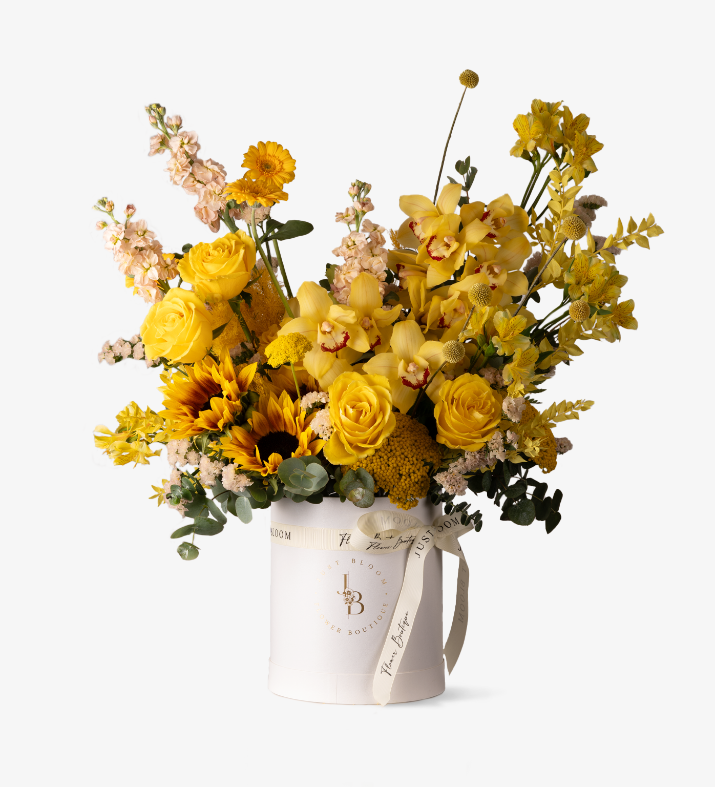 Sunshine Serenade Flower Box - Ecuadorian Roses, Sunflowers & Dutch Eucalyptus