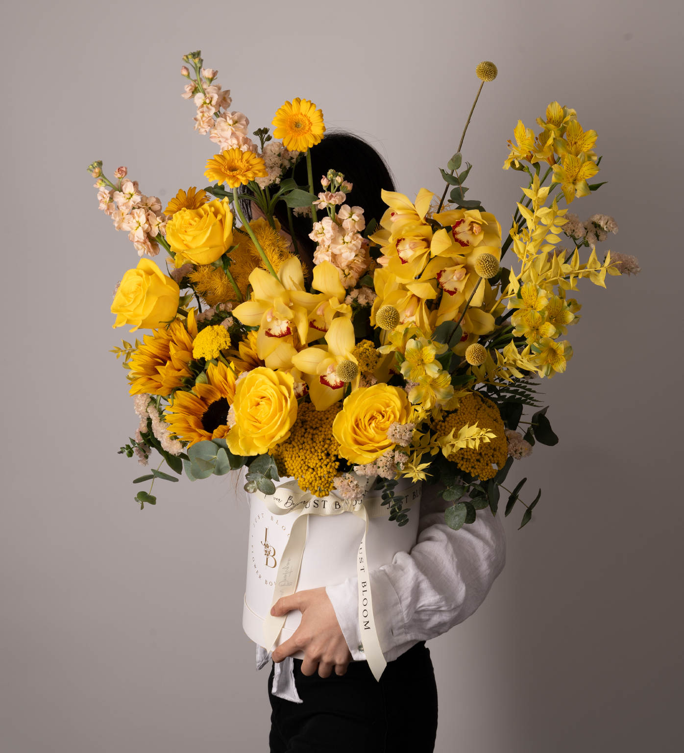 Sunshine Serenade Flower Box - Ecuadorian Roses, Sunflowers & Dutch Eucalyptus